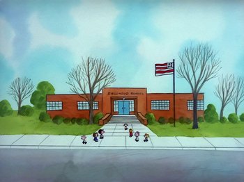Movie still from “Be My Valentine, Charlie Brown” (1975), directed by Phil Roman – A painting of a school with a flag on top of the building; Extreme Wide shot, High angle
