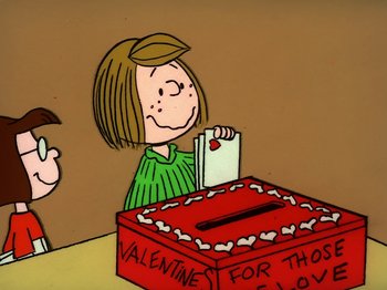 Movie still from “Be My Valentine, Charlie Brown” (1975), directed by Phil Roman – A drawing of a woman sitting at a table with an envelope; Medium shot, High angle