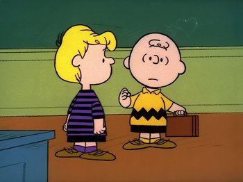 Movie still from “Be My Valentine, Charlie Brown” (1975), directed by Phil Roman – A couple of cartoon characters standing next to each other; Extreme Wide shot, High angle