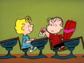 Movie still from “Be My Valentine, Charlie Brown” (1975), directed by Phil Roman – A couple of people sitting at a table; Extreme Wide shot, High angle
