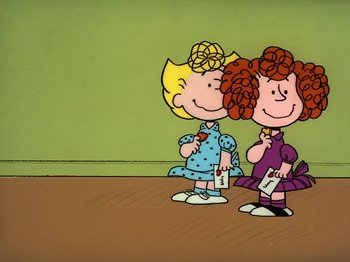 Movie still from “Be My Valentine, Charlie Brown” (1975), directed by Phil Roman – A couple of people that are standing in a room together; Extreme Wide shot, High angle