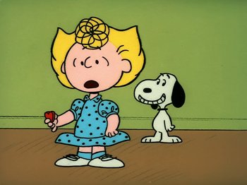 Movie still from “Be My Valentine, Charlie Brown” (1975), directed by Phil Roman – A drawing of a girl holding a flower and standing next to a dog; Extreme Wide shot, Over the shoulder angle