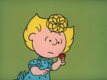 Movie still from “Be My Valentine, Charlie Brown” (1975), directed by Phil Roman – A drawing of a blond girl holding an apple in her hand; Close Up shot, High angle