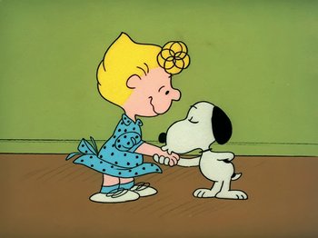 Movie still from “Be My Valentine, Charlie Brown” (1975), directed by Phil Roman – A cartoon of a girl petting a dog on the head; Extreme Wide shot, High angle