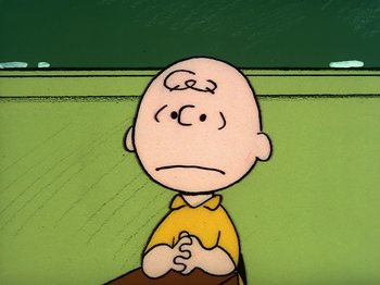 Movie still from “Be My Valentine, Charlie Brown” (1975), directed by Phil Roman – A charlie brown cartoon character; Close Up shot, High angle