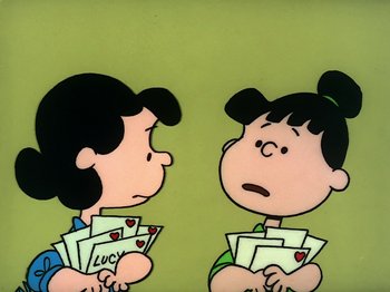 Movie still from “Be My Valentine, Charlie Brown” (1975), directed by Phil Roman – A couple of cartoon characters are looking at each other; Close Up shot, High angle