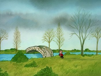 Movie still from “Be My Valentine, Charlie Brown” (1975), directed by Phil Roman – An artistic painting of a person sitting in a field near a bridge; Extreme Wide shot, High angle