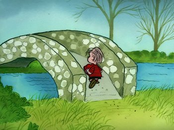 Movie still from “Be My Valentine, Charlie Brown” (1975), directed by Phil Roman – A painting of a girl sitting on a stone bridge; Wide shot, High angle