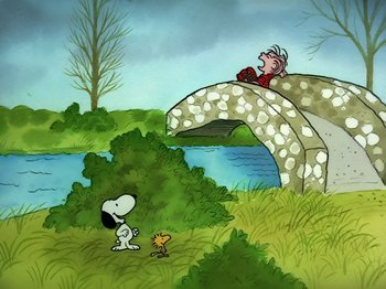 Movie still from “Be My Valentine, Charlie Brown” (1975), directed by Phil Roman – A painting of a dog and a person on a bridge; Extreme Wide shot, High angle