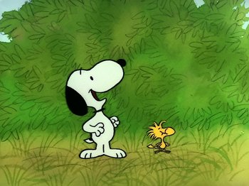 Movie still from “Be My Valentine, Charlie Brown” (1975), directed by Phil Roman – A painting of a dog and a bird in the grass; Extreme Wide shot, Low angle