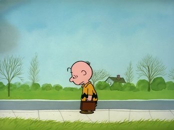 Movie still from “Be My Valentine, Charlie Brown” (1975), directed by Phil Roman – A painting of a charlie brown character on a sidewalk; Extreme Wide shot, High angle