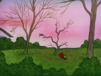Movie still from “Be My Valentine, Charlie Brown” (1975), directed by Phil Roman – A painting of trees and a field with a person sitting in the grass; Extreme Wide shot, High angle