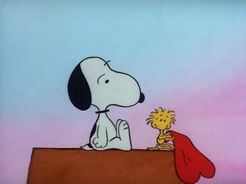 Movie still from “Be My Valentine, Charlie Brown” (1975), directed by Phil Roman – A drawing of a dog and a little yellow bird; Extreme Wide shot, Low angle
