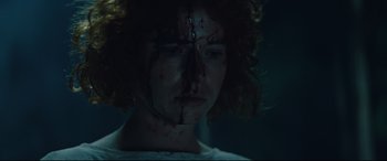 Movie still from “Beast” (2017), directed by Michael Pearce – A woman with blood all over her face; Close Up shot, Low angle
