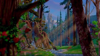 Movie still from “Beauty and the Beast” (1991), directed by Kirk Wise – A painting of a forest with trees and a waterfall; Extreme Wide shot, High angle