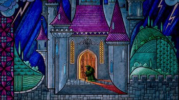 Movie still from “Beauty and the Beast” (1991), directed by Kirk Wise – A stained glass window of a castle with a green bear in front of it; Extreme Wide shot, High angle