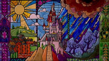 Movie still from “Beauty and the Beast” (1991), directed by Kirk Wise – A stained glass window depicting a castle and a forest; Extreme Wide shot, Low angle