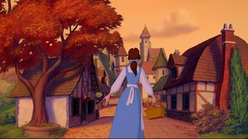 Movie still from “Beauty and the Beast” (1991), directed by Kirk Wise – A woman in a blue dress is walking down the street; Extreme Wide shot, Low angle