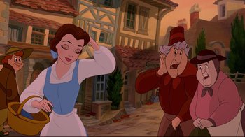 Movie still from “Beauty and the Beast” (1991), directed by Kirk Wise – An old man and a young girl in a village; Medium shot, Over the shoulder angle