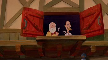 Movie still from “Beauty and the Beast” (1991), directed by Kirk Wise – Two cartoon characters sitting in front of an audience; Medium shot, Low angle