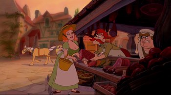 Movie still from “Beauty and the Beast” (1991), directed by Kirk Wise – Two women are standing in front of some food; Wide shot, Over the shoulder angle