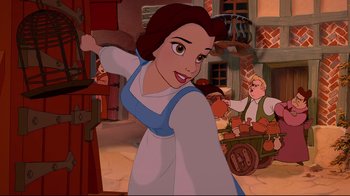 Movie still from “Beauty and the Beast” (1991), directed by Kirk Wise – A woman in a white and blue dress is standing in front of a man in a cart; Medium shot, Low angle