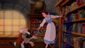 Movie still from “Beauty and the Beast” (1991), directed by Kirk Wise – An old man and a beautiful woman in a library; Medium shot, Low angle