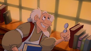 Movie still from “Beauty and the Beast” (1991), directed by Kirk Wise – An old man is holding a spoon in his hand; Medium shot, Low angle