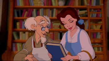 Movie still from “Beauty and the Beast” (1991), directed by Kirk Wise – An old man and a young woman reading a book; Medium shot, High angle