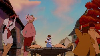 Movie still from “Beauty and the Beast” (1991), directed by Kirk Wise – A couple of people standing next to each other on a cart; Wide shot, Over the shoulder angle