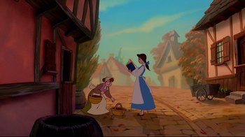 Movie still from “Beauty and the Beast” (1991), directed by Kirk Wise – Two animated characters on a brick street; Wide shot, High angle