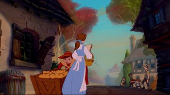 Movie still from “Beauty and the Beast” (1991), directed by Kirk Wise – A painting of a woman and a child in a village; Wide shot, Over the shoulder angle