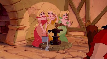 Movie still from “Beauty and the Beast” (1991), directed by Kirk Wise – A group of three cartoon girls standing in front of a water pump; Medium shot, High angle