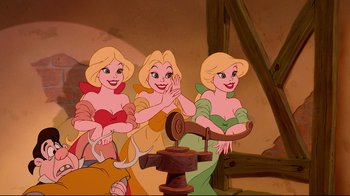 Movie still from “Beauty and the Beast” (1991), directed by Kirk Wise – A group of three cartoon girls sitting next to each other in front of an object; Medium shot, Over the shoulder angle