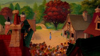 Movie still from “Beauty and the Beast” (1991), directed by Kirk Wise – A painting of a woman in a blue dress in front of a crowd of people; Extreme Wide shot, High angle