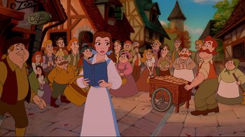 Movie still from “Beauty and the Beast” (1991), directed by Kirk Wise – A woman is reading a book in front of a group of people; Wide shot, High angle