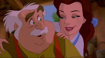 Movie still from “Beauty and the Beast” (1991), directed by Kirk Wise – An old man and a beautiful young woman smiling; Close Up shot, Over the shoulder angle