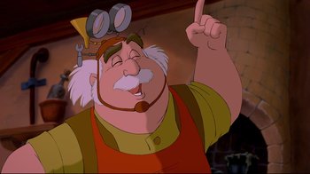 Movie still from “Beauty and the Beast” (1991), directed by Kirk Wise – An old man with a beard and glasses on his head is pointing up; Medium shot, Low angle