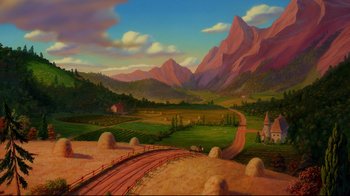 Movie still from “Beauty and the Beast” (1991), directed by Kirk Wise – A painting of a train going down the tracks in the middle of a valley; Extreme Wide shot, High angle