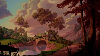 Movie still from “Beauty and the Beast” (1991), directed by Kirk Wise – A painting of a man and a woman sitting on a bridge over a river; Extreme Wide shot, Low angle
