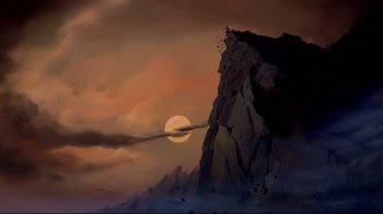 Movie still from “Beauty and the Beast” (1991), directed by Kirk Wise – A painting of a person climbing a mountain at sunset; Extreme Wide shot, Low angle