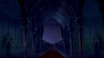Movie still from “Beauty and the Beast” (1991), directed by Kirk Wise – An image of an empty stage in the middle of the night; Extreme Wide shot, Low angle