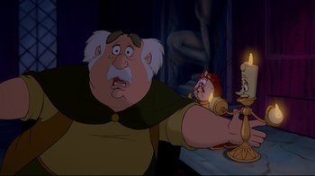 Movie still from “Beauty and the Beast” (1991), directed by Kirk Wise – A character from beauty and the beast; Medium shot, Over the shoulder angle