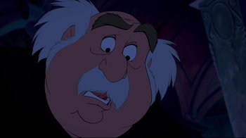 Movie still from “Beauty and the Beast” (1991), directed by Kirk Wise – An old man with white hair and a beard; Close Up shot, Over the shoulder angle