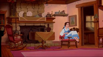Movie still from “Beauty and the Beast” (1991), directed by Kirk Wise – A painting of a woman sitting on a chair in a living room; Wide shot, High angle