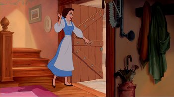 Movie still from “Beauty and the Beast” (1991), directed by Kirk Wise – A painting of a woman standing in front of an open door; Wide shot, High angle