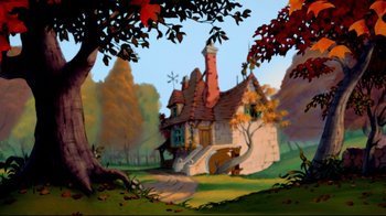 Movie still from “Beauty and the Beast” (1991), directed by Kirk Wise – An animated picture of a house in the middle of a forest; Extreme Wide shot, High angle