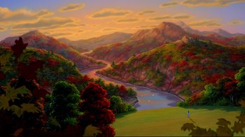 Movie still from “Beauty and the Beast” (1991), directed by Kirk Wise – An oil painting of a river flowing through a valley; Extreme Wide shot, High angle