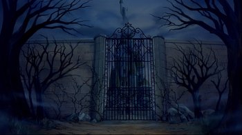 Movie still from “Beauty and the Beast” (1991), directed by Kirk Wise – An iron gate in front of a stone wall; Extreme Wide shot, Low angle