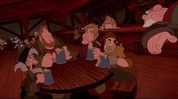 Movie still from “Beauty and the Beast” (1991), directed by Kirk Wise – A group of people sitting at a table with drinks; Medium shot, High angle